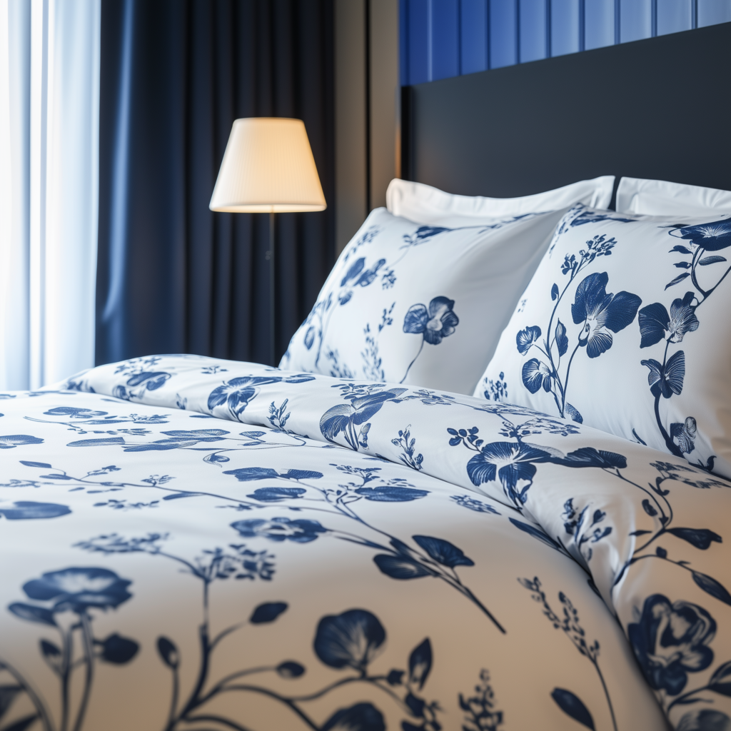 세련된 블루 플라워 패턴이 돋보이는 맞춤 침구 세트. 고양 삼송 스타필드에서 직접 만나볼 수 있는 레노마홈과 코지네스트의 프리미엄 맞춤 침구, 맞춤 커튼, 맞춤 블라인드.