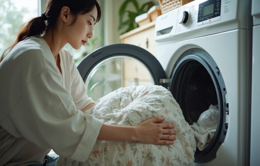 이불을 드럼세탁기에 넣는 모습 - 집에서 하는 이불 세탁 방법