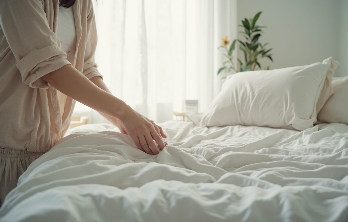 침대 위에서 이불을 가지런히 정리하는 모습 - 이불 관리법의 시작