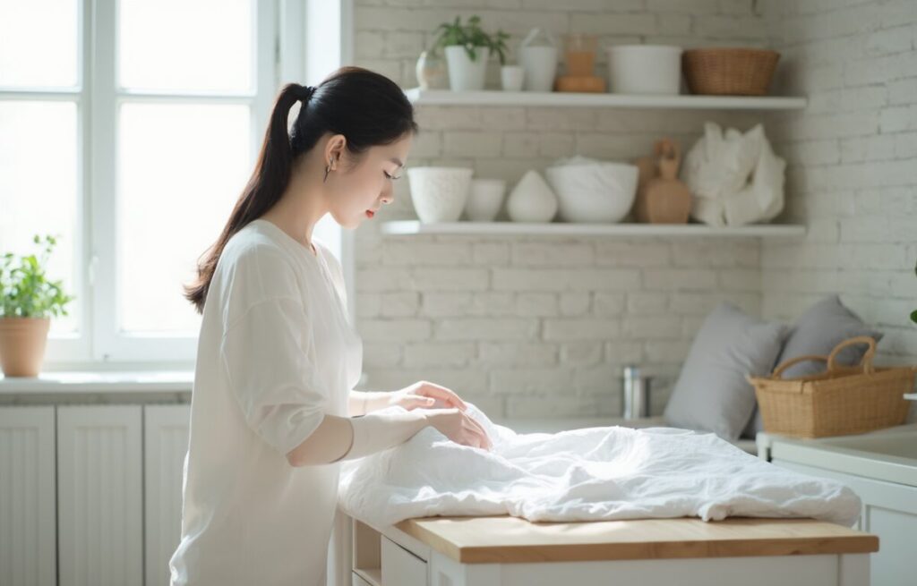 세탁 전 이불을 점검하는 여성의 손 - 이불 빨래 주기 이불 세탁 전 체크리스트